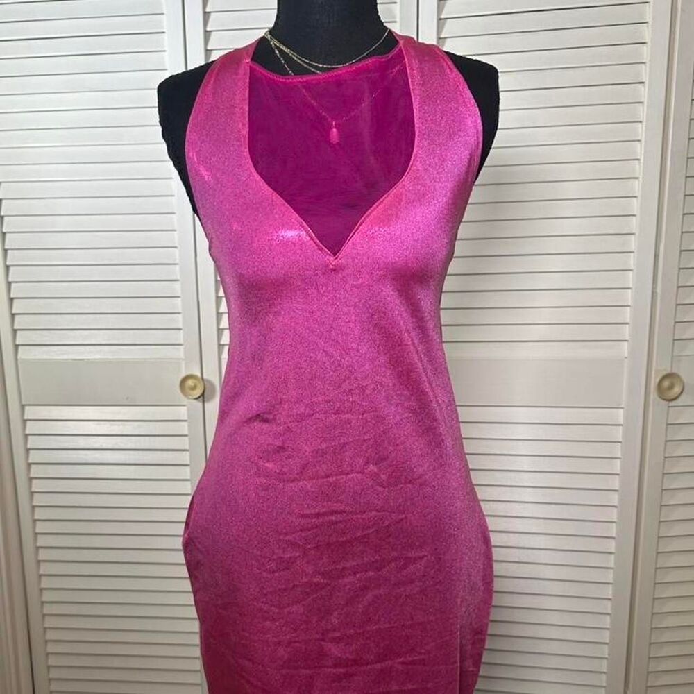 Pink metallic mini dress with V-neck and backless design